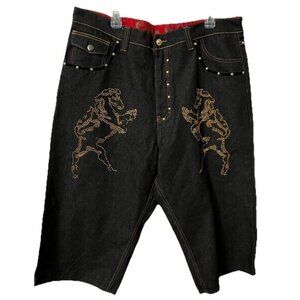 Crown Holder Jean Shorts Mens 40 Horse Studded Dark Denim Y2K Baggy